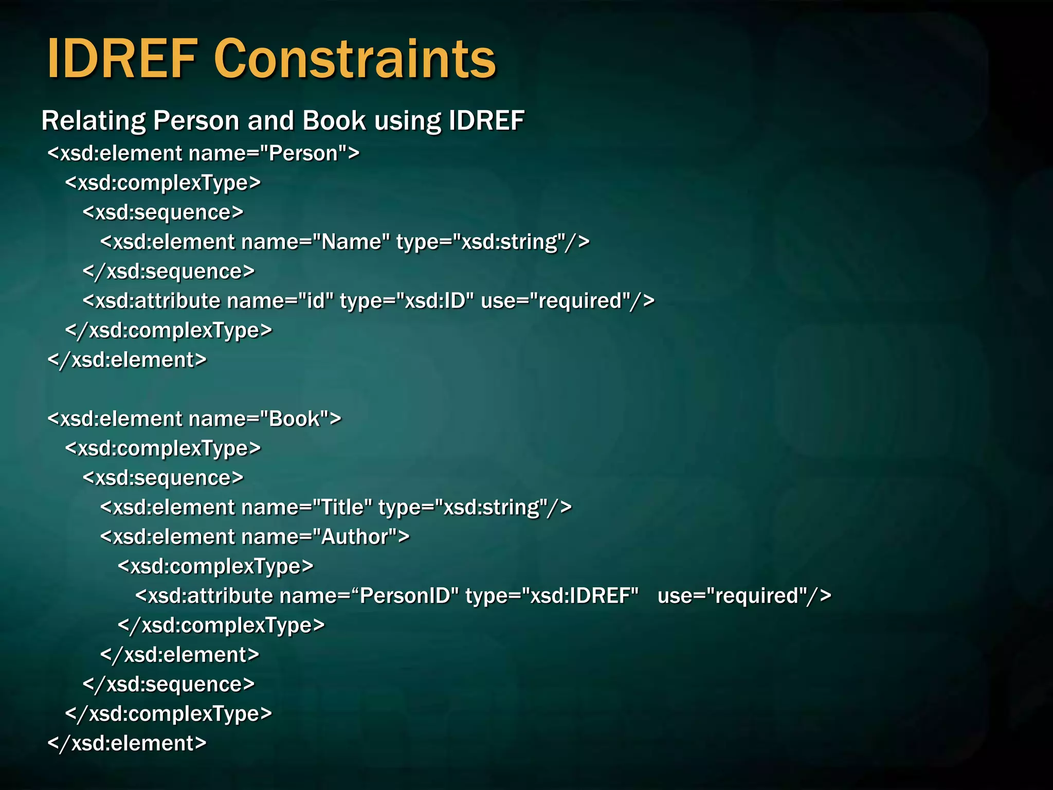 IDREF Constraints
Relating Person and Book using IDREF
<xsd:element name="Person">
<xsd:complexType>
<xsd:sequence>
<xsd:element name="Name" type="xsd:string"/>
</xsd:sequence>
<xsd:attribute name="id" type="xsd:ID" use="required"/>
</xsd:complexType>
</xsd:element>
<xsd:element name="Book">
<xsd:complexType>
<xsd:sequence>
<xsd:element name="Title" type="xsd:string"/>
<xsd:element name="Author">
<xsd:complexType>
<xsd:attribute name=“PersonID" type="xsd:IDREF" use="required"/>
</xsd:complexType>
</xsd:element>
</xsd:sequence>
</xsd:complexType>
</xsd:element>
 
