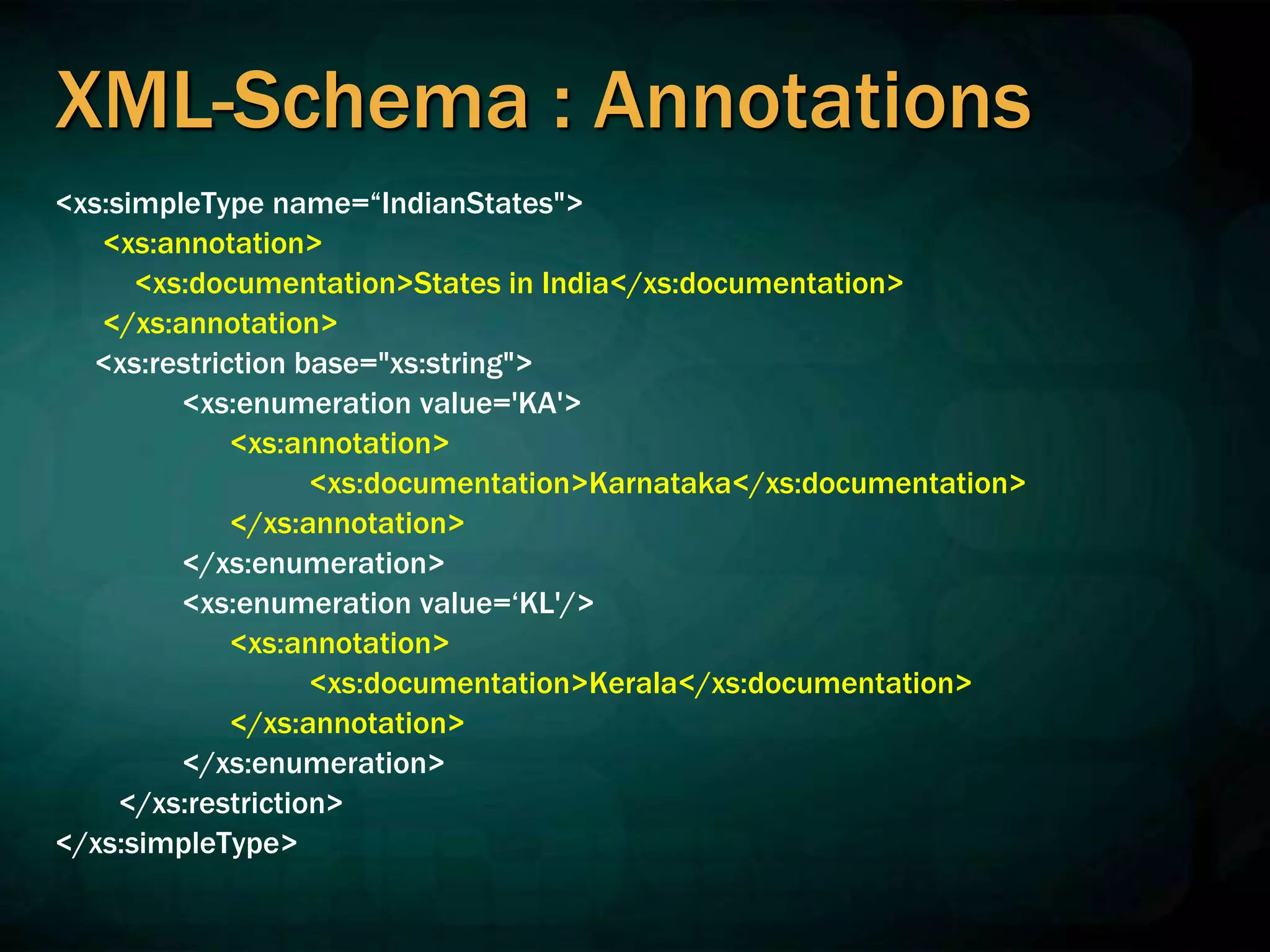 XML-Schema : Annotations
<xs:simpleType name=“IndianStates">
<xs:annotation>
<xs:documentation>States in India</xs:documentation>
</xs:annotation>
<xs:restriction base="xs:string">
<xs:enumeration value='KA'>
<xs:annotation>
<xs:documentation>Karnataka</xs:documentation>
</xs:annotation>
</xs:enumeration>
<xs:enumeration value=‘KL'/>
<xs:annotation>
<xs:documentation>Kerala</xs:documentation>
</xs:annotation>
</xs:enumeration>
</xs:restriction>
</xs:simpleType>
 