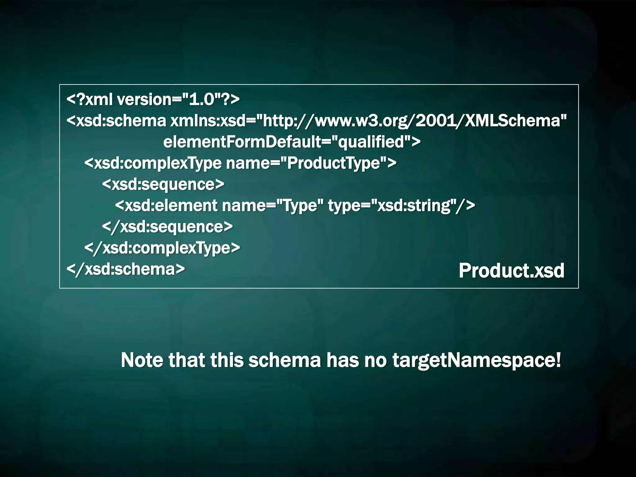<?xml version="1.0"?>
<xsd:schema xmlns:xsd="http://www.w3.org/2001/XMLSchema"
elementFormDefault="qualified">
<xsd:complexType name="ProductType">
<xsd:sequence>
<xsd:element name="Type" type="xsd:string"/>
</xsd:sequence>
</xsd:complexType>
</xsd:schema> Product.xsd
Note that this schema has no targetNamespace!
 