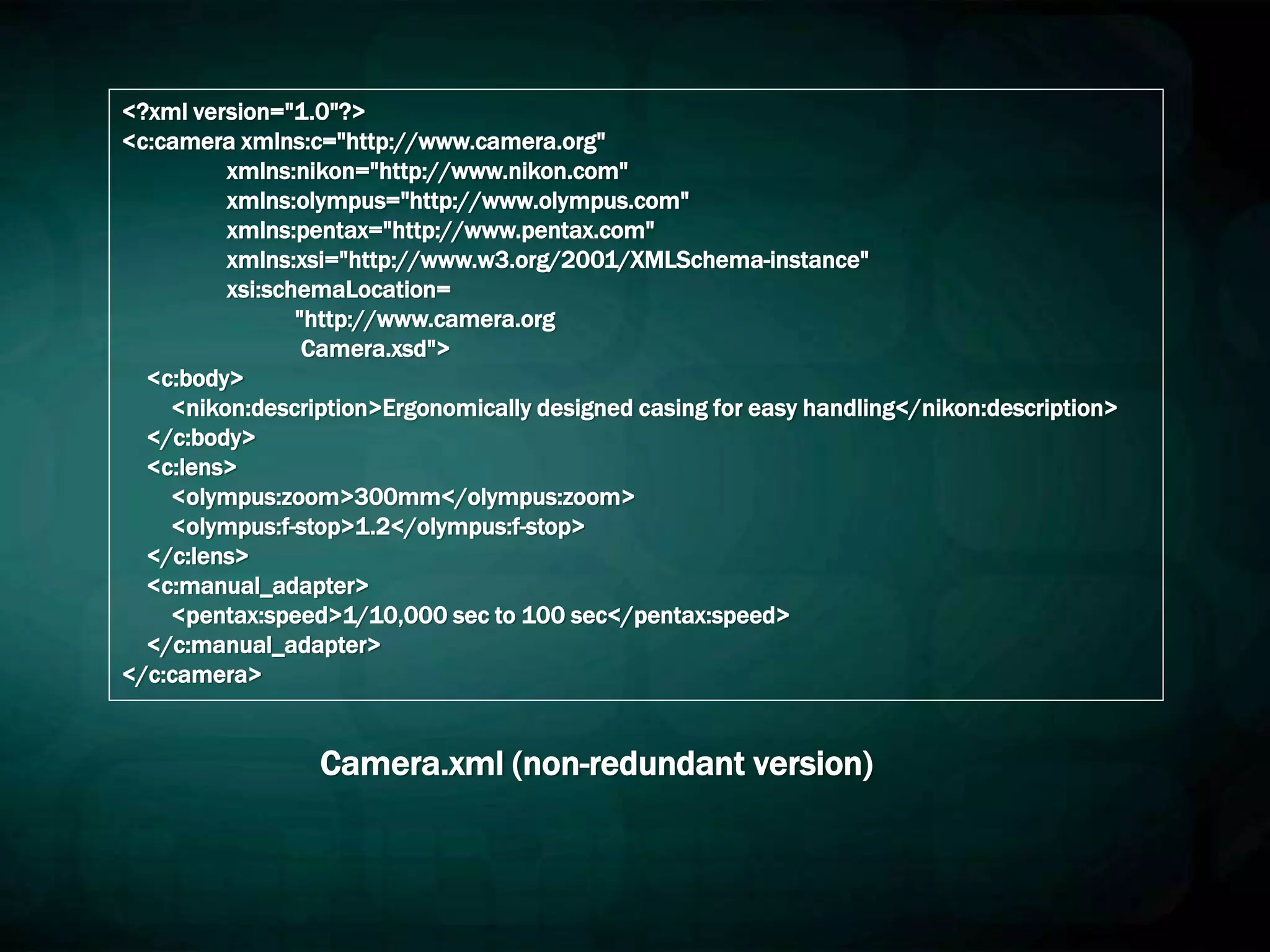 <?xml version="1.0"?>
<c:camera xmlns:c="http://www.camera.org"
xmlns:nikon="http://www.nikon.com"
xmlns:olympus="http://www.olympus.com"
xmlns:pentax="http://www.pentax.com"
xmlns:xsi="http://www.w3.org/2001/XMLSchema-instance"
xsi:schemaLocation=
"http://www.camera.org
Camera.xsd">
<c:body>
<nikon:description>Ergonomically designed casing for easy handling</nikon:description>
</c:body>
<c:lens>
<olympus:zoom>300mm</olympus:zoom>
<olympus:f-stop>1.2</olympus:f-stop>
</c:lens>
<c:manual_adapter>
<pentax:speed>1/10,000 sec to 100 sec</pentax:speed>
</c:manual_adapter>
</c:camera>
Camera.xml (non-redundant version)
 