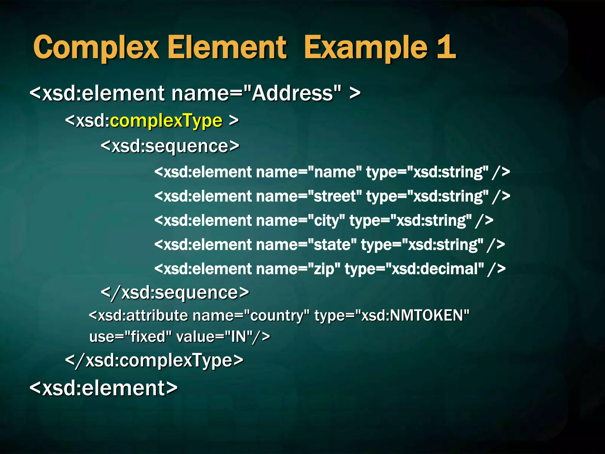 Complex Element Example 1
<xsd:element name="Address" >
<xsd:complexType >
<xsd:sequence>
<xsd:element name="name" type="xsd:string" />
<xsd:element name="street" type="xsd:string" />
<xsd:element name="city" type="xsd:string" />
<xsd:element name="state" type="xsd:string" />
<xsd:element name="zip" type="xsd:decimal" />
</xsd:sequence>
<xsd:attribute name="country" type="xsd:NMTOKEN"
use="fixed" value="IN"/>
</xsd:complexType>
<xsd:element>
 