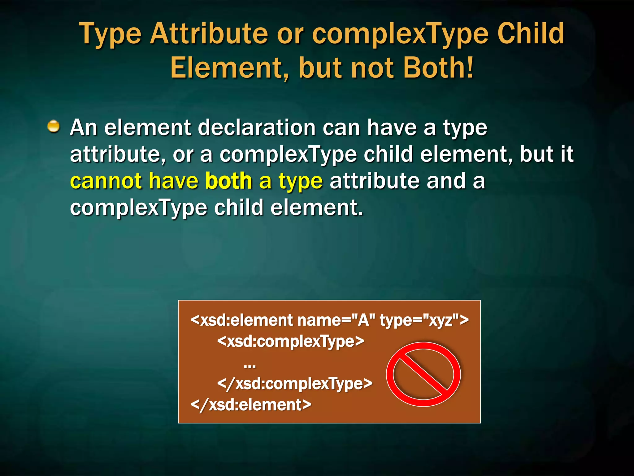 Type Attribute or complexType Child
Element, but not Both!
An element declaration can have a type
attribute, or a complexType child element, but it
cannot have both a type attribute and a
complexType child element.
<xsd:element name="A" type="xyz">
<xsd:complexType>
…
</xsd:complexType>
</xsd:element>
 