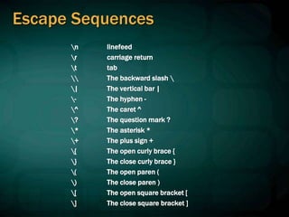 Escape Sequences
n
r
t

|
-
^
?
*
+
{
}
(
)
[
]
linefeed
carriage return
tab
The backward slash 
The vertical bar |
The hyphen -
The caret ^
The question mark ?
The asterisk *
The plus sign +
The open curly brace {
The close curly brace }
The open paren (
The close paren )
The open square bracket [
The close square bracket ]
 