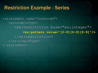 Restriction Example - Series
<xs:element name=“areacode">
<xs:simpleType>
<xs:restriction base="xs:integer">
<xs:pattern value=“[0-9][0-9][0-9]"/>
</xs:restriction>
</xs:simpleType>
</xs:element>
 