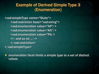 Example of Derived Simple Type 3
(Enumeration)
<xsd:simpleType name="State">
<xsd:restriction base="xsd:string">
<xsd:enumeration value="AP"/>
<xsd:enumeration value=“KA"/>
<xsd:enumeration value="TN/>
<!-- and so on ... -->
</xsd:restriction>
</xsd:simpleType>
enumeration facet limits a simple type to a set of distinct
values
 