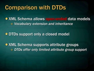Comparison with DTDs
XML Schema allows open-ended data models
 Vocabulary extension and inheritance
DTDs support only a closed model
XML Schema supports attribute groups
 DTDs offer only limited attribute group support
 