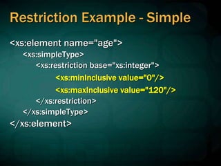 Restriction Example - Simple
<xs:element name="age">
<xs:simpleType>
<xs:restriction base="xs:integer">
<xs:minInclusive value="0"/>
<xs:maxInclusive value="120"/>
</xs:restriction>
</xs:simpleType>
</xs:element>
 