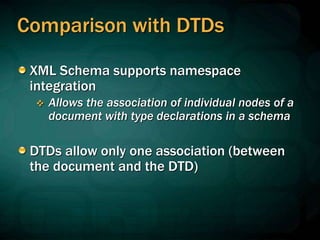 Comparison with DTDs
XML Schema supports namespace
integration
 Allows the association of individual nodes of a
document with type declarations in a schema
DTDs allow only one association (between
the document and the DTD)
 