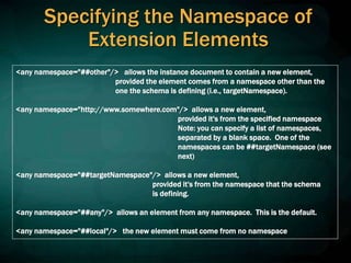 Specifying the Namespace of
Extension Elements
<any namespace="##other"/> allows the instance document to contain a new element,
provided the element comes from a namespace other than the
one the schema is defining (i.e., targetNamespace).
<any namespace="http://www.somewhere.com"/> allows a new element,
provided it's from the specified namespace
Note: you can specify a list of namespaces,
separated by a blank space. One of the
namespaces can be ##targetNamespace (see
next)
<any namespace="##targetNamespace"/> allows a new element,
provided it's from the namespace that the schema
is defining.
<any namespace="##any"/> allows an element from any namespace. This is the default.
<any namespace="##local"/> the new element must come from no namespace
 