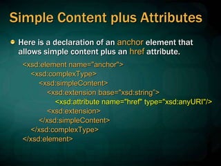 Simple Content plus Attributes
Here is a declaration of an anchor element that
allows simple content plus an href attribute.
<xsd:element name="anchor">
<xsd:complexType>
<xsd:simpleContent>
<xsd:extension base="xsd:string”>
<xsd:attribute name="href" type="xsd:anyURI"/>
<xsd:extension>
</xsd:simpleContent>
</xsd:complexType>
</xsd:element>
 