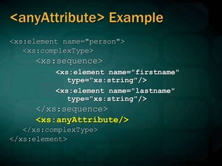<anyAttribute> Example
<xs:element name="person">
<xs:complexType>
<xs:sequence>
<xs:element name="firstname"
type="xs:string"/>
<xs:element name="lastname"
type="xs:string"/>
</xs:sequence>
<xs:anyAttribute/>
</xs:complexType>
</xs:element>
 