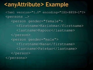 <?xml version="1.0" encoding="ISO-8859-1"?>
<persons …>
<person gender="female“>
<firstname>Karishma</firstname>
<lastname>Kapoor</lastname>
</person>
<person gender="male“>
<firstname>Nana</firstname>
<lastname>Patekar</lastname>
</person>
</persons>
<anyAttribute> Example
 