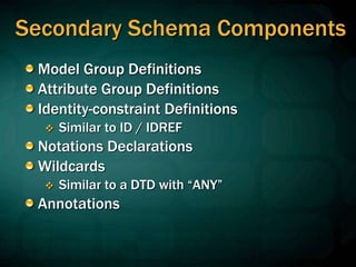 Secondary Schema Components
Model Group Definitions
Attribute Group Definitions
Identity-constraint Definitions
 Similar to ID / IDREF
Notations Declarations
Wildcards
 Similar to a DTD with “ANY”
Annotations
 