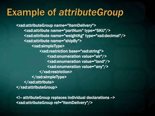 Example of attributeGroup
<xsd:attributeGroup name="ItemDelivery">
<xsd:attribute name="partNum" type="SKU"/>
<xsd:attribute name="weightKg" type="xsd:decimal"/>
<xsd:attribute name="shipBy">
<xsd:simpleType>
<xsd:restriction base="xsd:string">
<xsd:enumeration value="air"/>
<xsd:enumeration value="land"/>
<xsd:enumeration value="any"/>
</xsd:restriction>
</xsd:simpleType>
</xsd:attribute>
</xsd:attributeGroup>
<!-- attributeGroup replaces individual declarations -->
<xsd:attributeGroup ref="ItemDelivery"/>
 