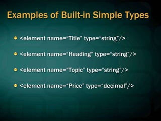 Examples of Built-in Simple Types
<element name=“Title” type=“string”/>
<element name=“Heading” type=“string”/>
<element name=“Topic” type=“string”/>
<element name=“Price” type=“decimal”/>
 