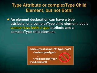Type Attribute or complexType Child
Element, but not Both!
An element declaration can have a type
attribute, or a complexType child element, but it
cannot have both a type attribute and a
complexType child element.
<xsd:element name="A" type="xyz">
<xsd:complexType>
…
</xsd:complexType>
</xsd:element>
 