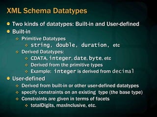 XML Schema Datatypes
Two kinds of datatypes: Built-in and User-defined
Built-in
 Primitive Datatypes
 string, double, duration, etc
 Derived Datatypes:
 CDATA, integer, date, byte, etc
 Derived from the primitive types
 Example: integer is derived from decimal
User-defined
 Derived from built-in or other user-defined datatypes
 specify constraints on an existing type (the base type)
 Constraints are given in terms of facets
 totalDigits, maxInclusive, etc.
 