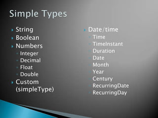 StringBooleanNumbersIntegerDecimalFloatDoubleCustom (simpleType)Date/timeTimeTimeInstantDurationDateMonthYearCenturyRecurringDateRecurringDaySimple Types