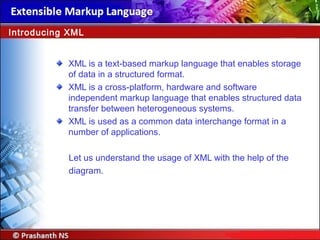 XML is a text-based markup language that enables storage
of data in a structured format.
XML is a cross-platform, hardware and software
independent markup language that enables structured data
transfer between heterogeneous systems.
XML is used as a common data interchange format in a
number of applications.
Let us understand the usage of XML with the help of the
diagram.
Introducing XML
 