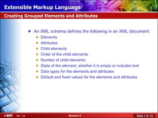 Extensible Markup Language
Creating Grouped Elements and Attributes


                An XML schema defines the following in an XML document:
                   Elements
                   Attributes
                   Child elements
                   Order of the child elements
                   Number of child elements
                   State of the element, whether it is empty or includes text
                   Data types for the elements and attributes
                   Default and fixed values for the elements and attributes




     Ver. 1.0                      Session 4                               Slide 7 of 23
 
