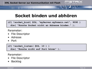 Socket binden und abhören if( !socket_bind( $fd, "myServer.myDomain.net", 9090 ) die( "Konnte Socket nicht an Adresse binden." ); Parameter: File Descriptor Adresse Port if( !socket_listen( $fd, 10 ) ) die( "Konnte nicht auf Port hören" ); Parameter: File Descriptor Backlog 