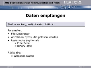 Daten empfangen $buf = socket_read( $newFd, 2048 ); Parameter: File Descriptor Anzahl an Bytes, die gelesen werden Lesemodus (optional)   » Eine Zeile   » Binary-safe Rückgabe: »  Gelesene Daten 