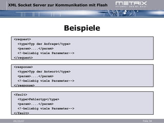 Beispiele <request> <type>Typ der Anfrage</type> <param>....</param> <!-beliebig viele Parameter--> </request> <response> <type>Typ der Antwort</type> <param>....</param> <!-beliebig viele Parameter--> </response> <fault> <type>Fehlertyp</type> <param>....</param> <!-beliebig viele Parameter--> </fault> 