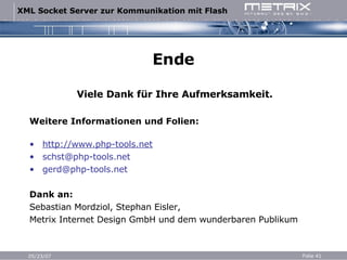 Ende Viele Dank für Ihre Aufmerksamkeit. Weitere Informationen und Folien: http://www.php-tools.net [email_address] [email_address] Dank an: Sebastian Mordziol, Stephan Eisler,  Metrix Internet Design GmbH und dem wunderbaren Publikum 