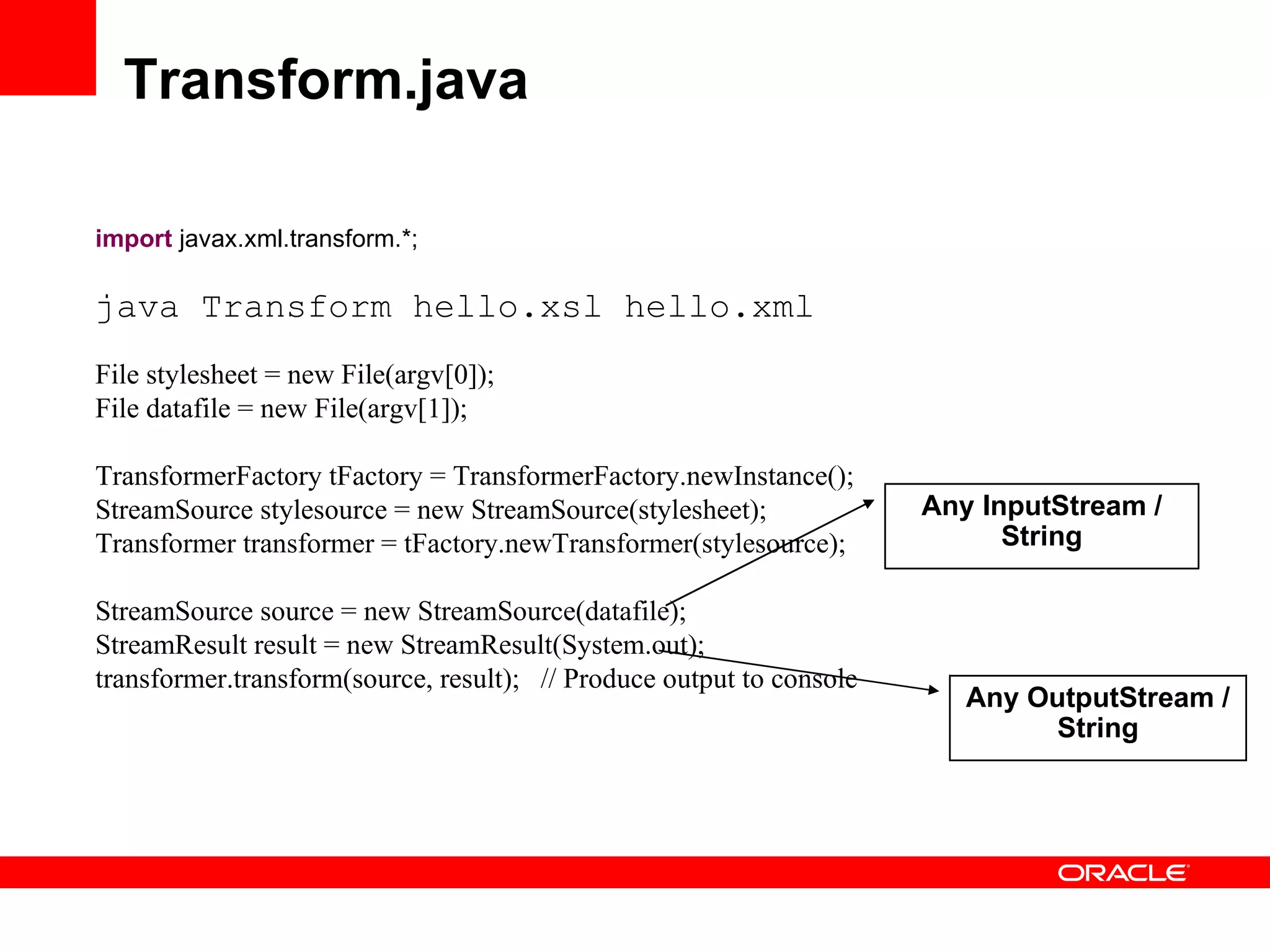 Transform.java import  javax.xml.transform.*; java Transform hello.xsl hello.xml File stylesheet = new File(argv[0]); File datafile = new File(argv[1]); TransformerFactory tFactory = TransformerFactory.newInstance(); StreamSource stylesource = new StreamSource(stylesheet); Transformer transformer = tFactory.newTransformer(stylesource); StreamSource source = new StreamSource(datafile); StreamResult result = new StreamResult(System.out); transformer.transform(source, result);  // Produce output to console Any InputStream / String Any OutputStream / String 