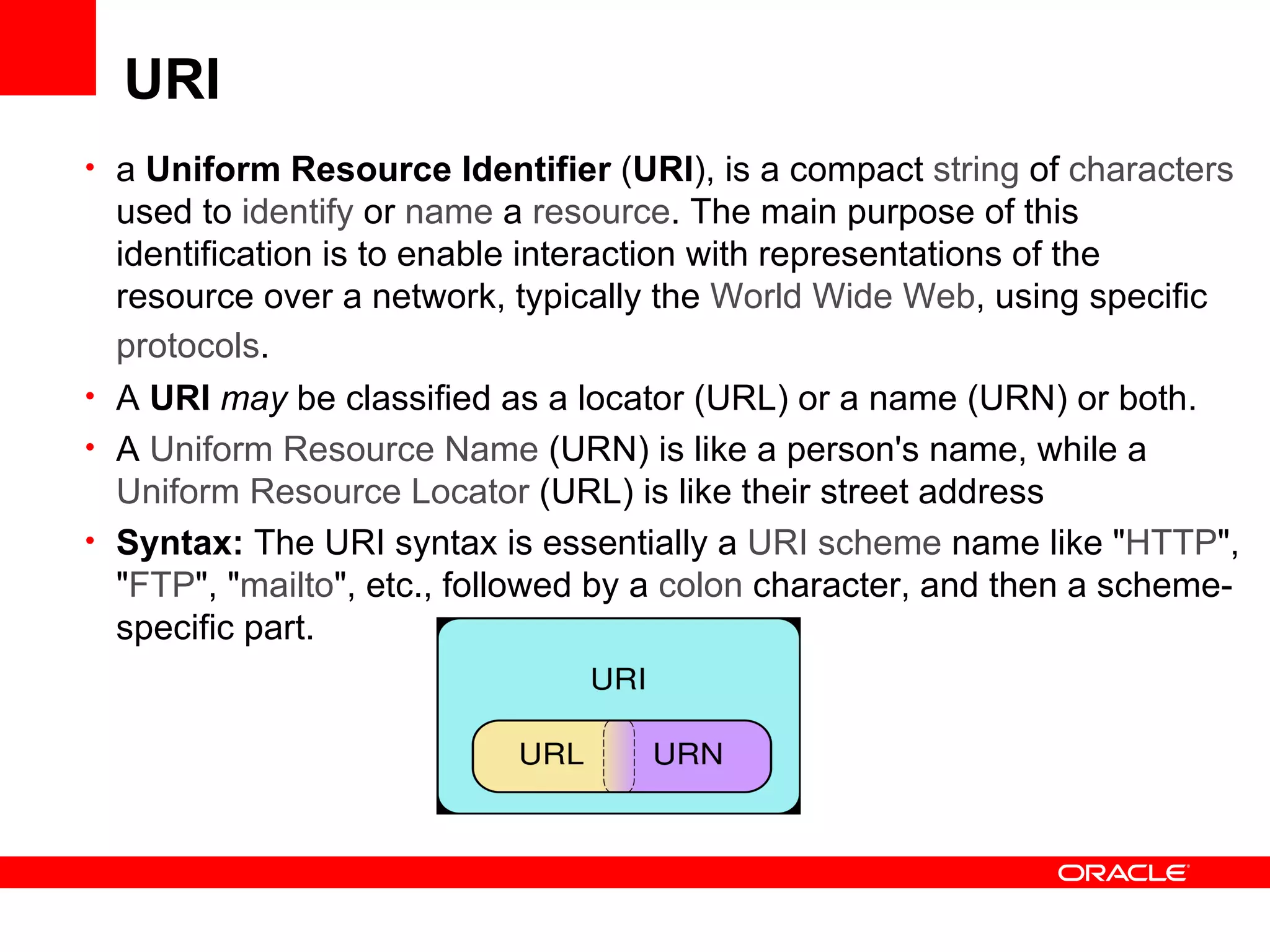 URI a  Uniform Resource Identifier  ( URI ), is a compact  string  of  characters  used to  identify  or  name  a  resource . The main purpose of this identification is to enable interaction with representations of the resource over a network, typically the  World Wide Web , using specific  protocols .   A  URI   may  be classified as a locator (URL) or a name (URN) or both.  A  Uniform Resource Name  (URN) is like a person's name, while a  Uniform Resource Locator  (URL) is like their street address  Syntax:  The URI syntax is essentially a  URI scheme  name like &quot; HTTP &quot;, &quot; FTP &quot;, &quot; mailto &quot;, etc., followed by a  colon  character, and then a scheme-specific part. 