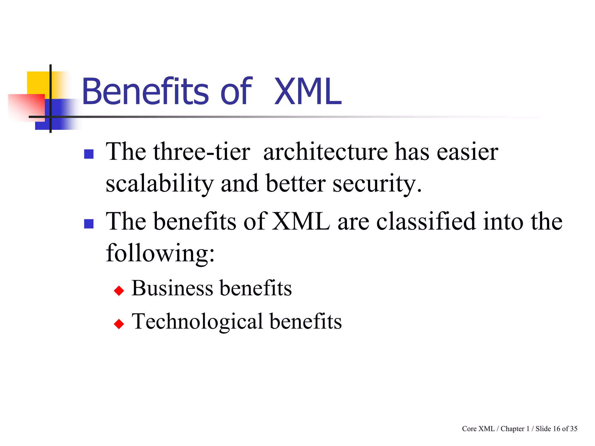 Benefits of XML




The three-tier architecture has easier
scalability and better security.
The benefits of XML are classified into the
following:
Business benefits
 Technological benefits


Core XML / Chapter 1 / Slide 16 of 35

 