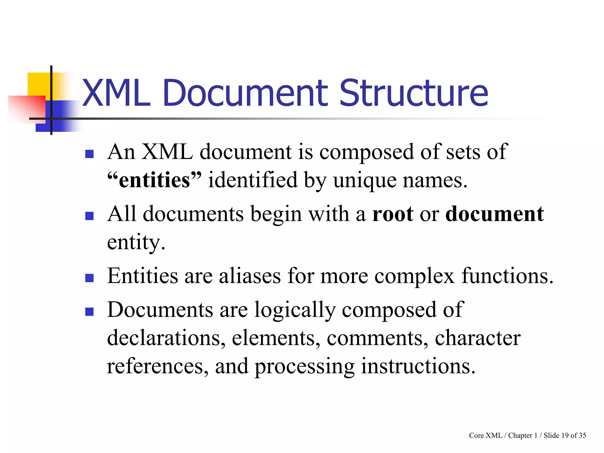 XML Document Structure







An XML document is composed of sets of
“entities” identified by unique names.
All documents begin with a root or document
entity.
Entities are aliases for more complex functions.
Documents are logically composed of
declarations, elements, comments, character
references, and processing instructions.
Core XML / Chapter 1 / Slide 19 of 35

 