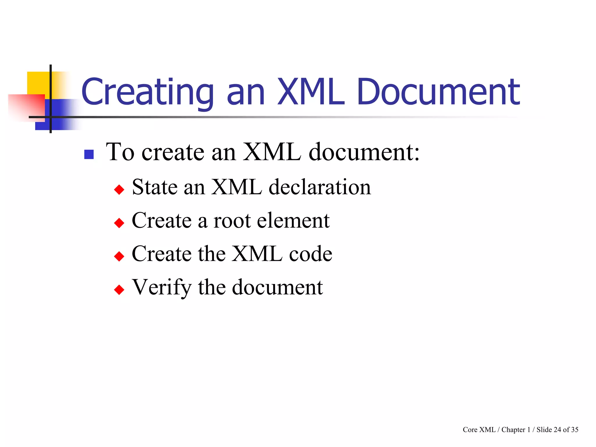 Creating an XML Document


To create an XML document:
State an XML declaration
 Create a root element
 Create the XML code
 Verify the document


Core XML / Chapter 1 / Slide 24 of 35

 