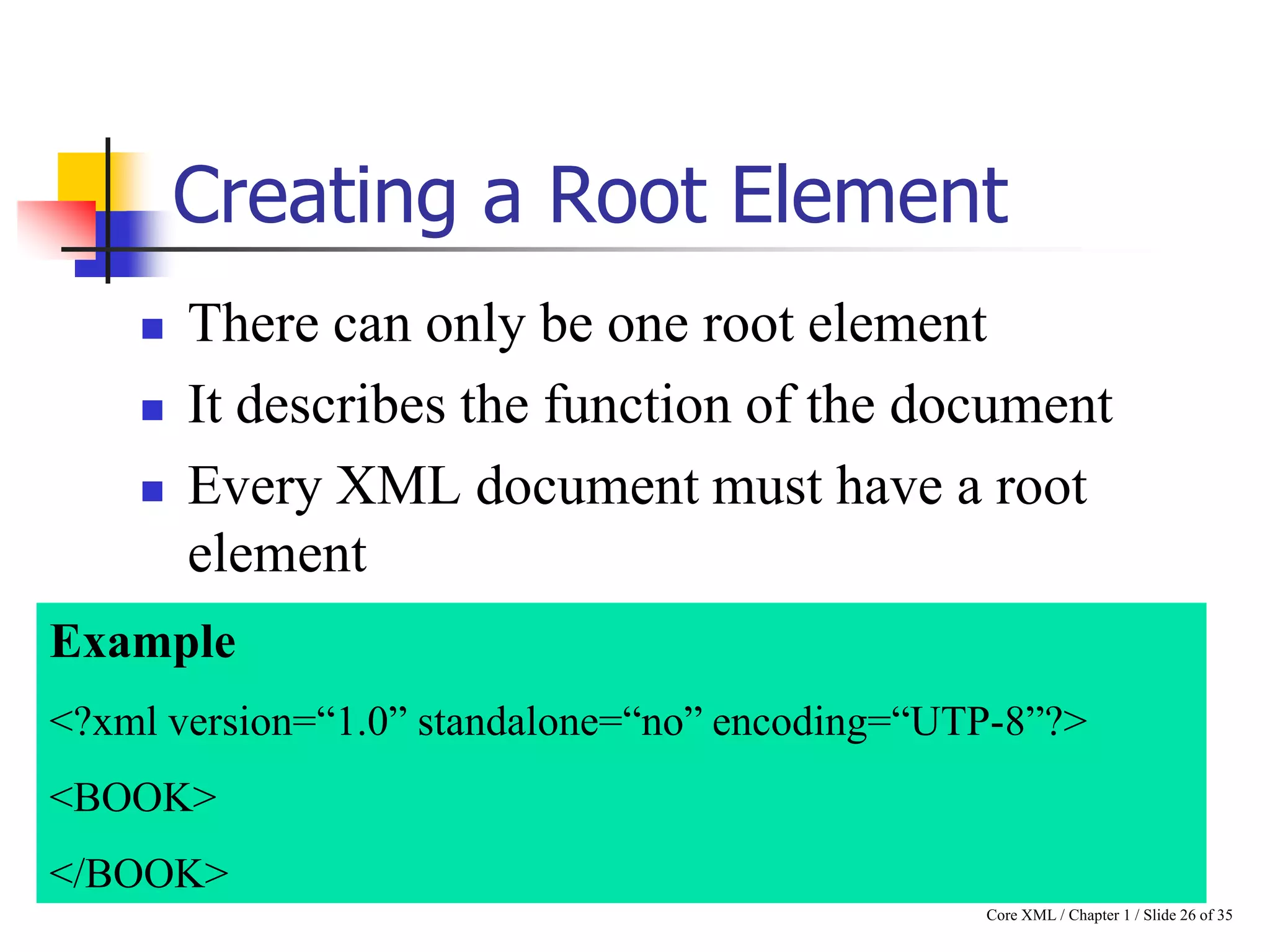 Creating a Root Element





There can only be one root element
It describes the function of the document
Every XML document must have a root
element

Example
<?xml version=“1.0” standalone=“no” encoding=“UTP-8”?>

<BOOK>
</BOOK>
Core XML / Chapter 1 / Slide 26 of 35

 