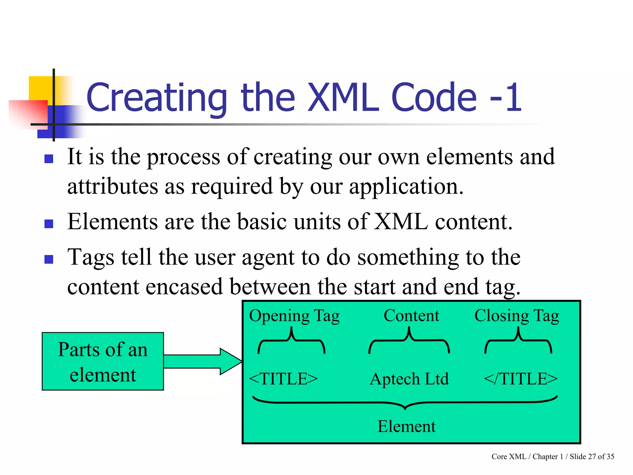 Creating the XML Code -1





It is the process of creating our own elements and
attributes as required by our application.
Elements are the basic units of XML content.
Tags tell the user agent to do something to the
content encased between the start and end tag.
Opening Tag

Parts of an
element

<TITLE>

Content

Closing Tag

Aptech Ltd

</TITLE>

Element
Core XML / Chapter 1 / Slide 27 of 35

 