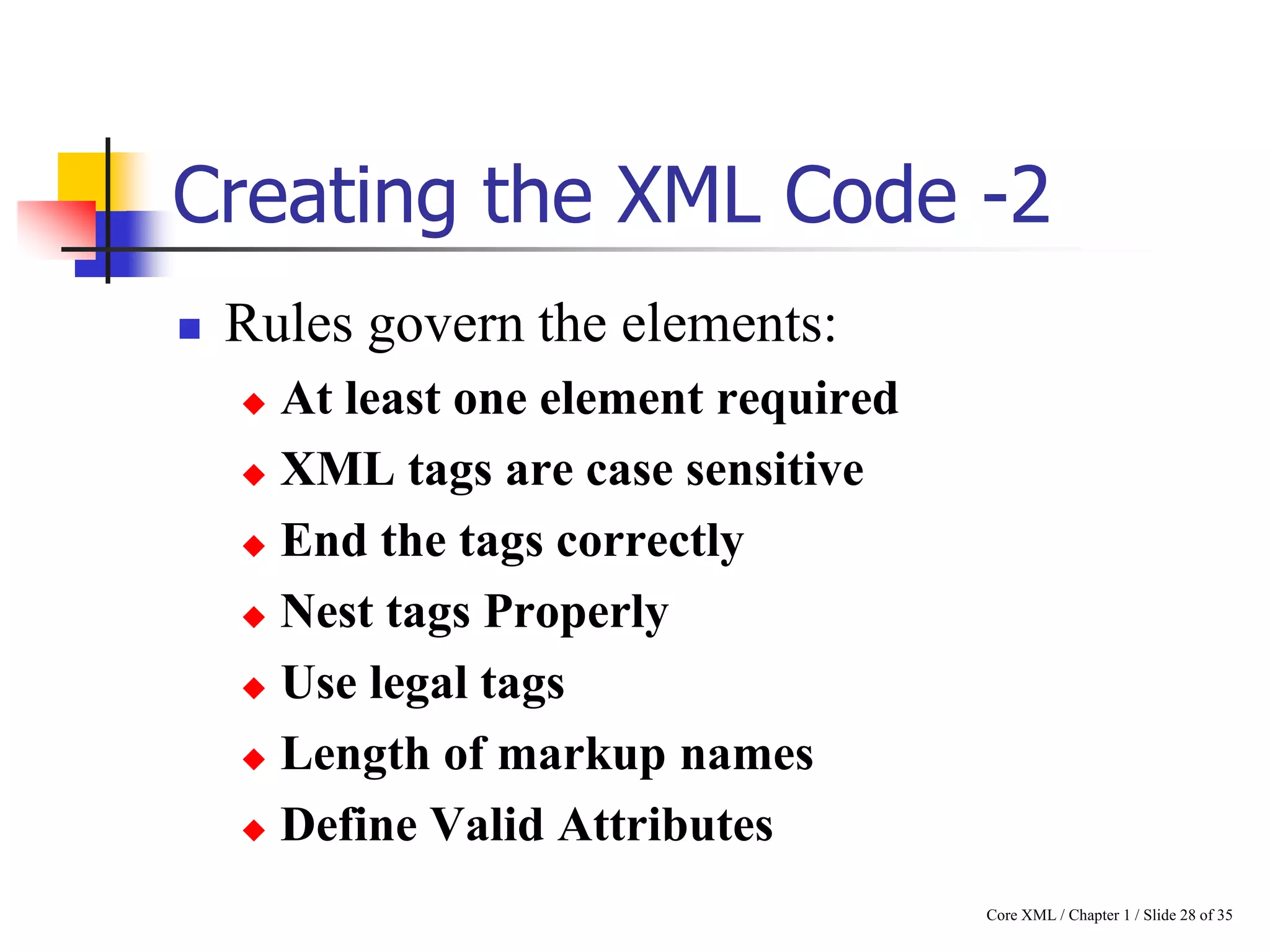 Creating the XML Code -2


Rules govern the elements:
At least one element required
 XML tags are case sensitive
 End the tags correctly
 Nest tags Properly
 Use legal tags
 Length of markup names
 Define Valid Attributes


Core XML / Chapter 1 / Slide 28 of 35

 