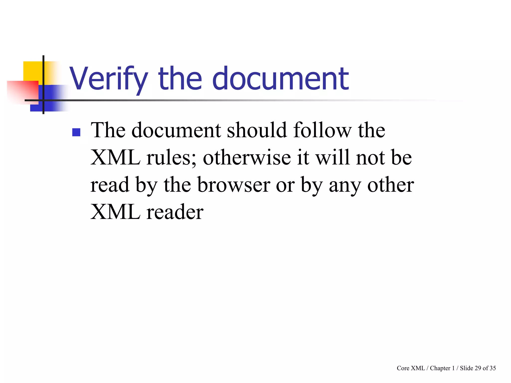 Verify the document


The document should follow the
XML rules; otherwise it will not be
read by the browser or by any other
XML reader

Core XML / Chapter 1 / Slide 29 of 35

 