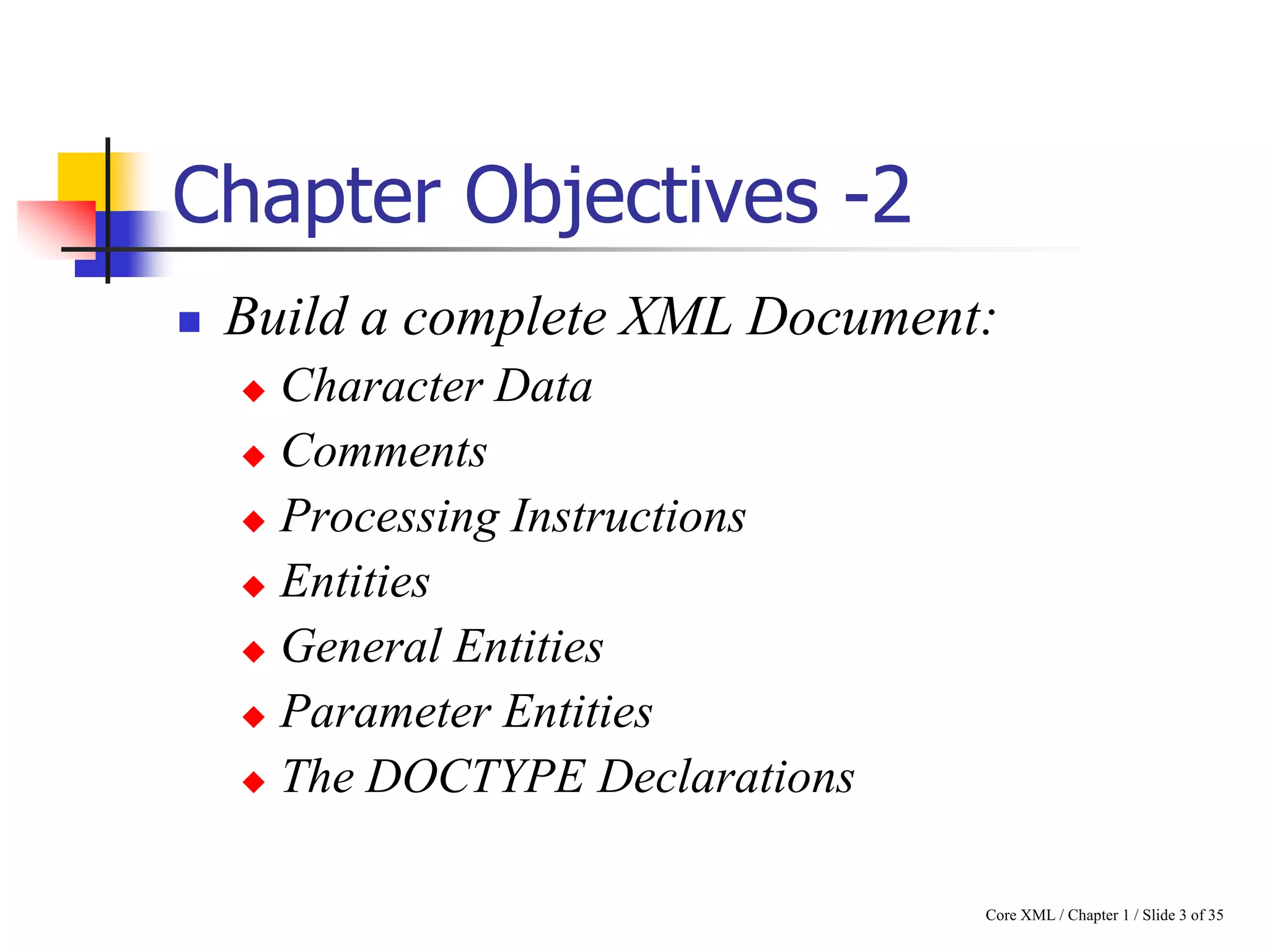 Chapter Objectives -2


Build a complete XML Document:
Character Data
 Comments
 Processing Instructions
 Entities
 General Entities
 Parameter Entities
 The DOCTYPE Declarations


Core XML / Chapter 1 / Slide 3 of 35

 