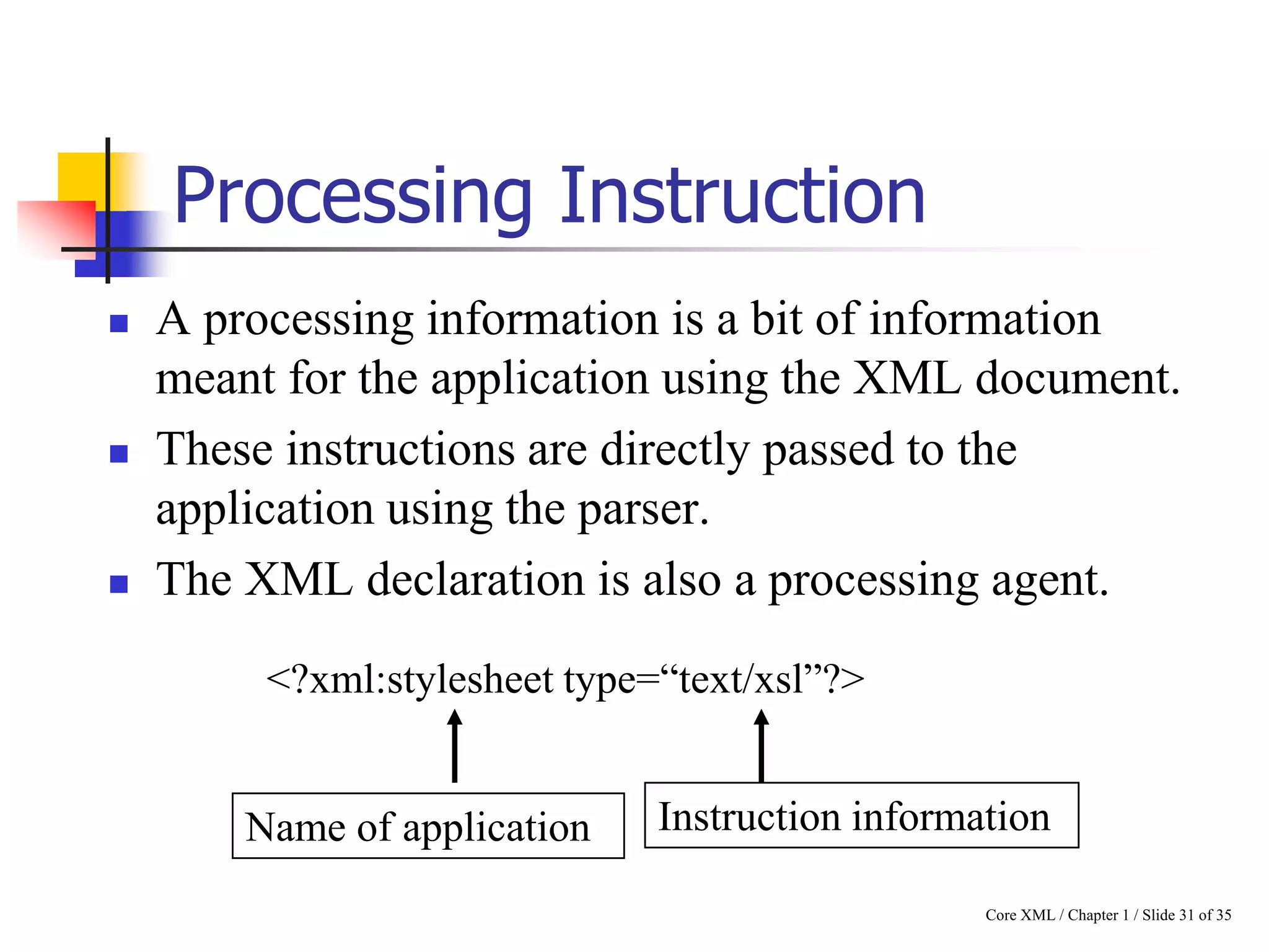 Processing Instruction






A processing information is a bit of information
meant for the application using the XML document.
These instructions are directly passed to the
application using the parser.
The XML declaration is also a processing agent.
<?xml:stylesheet type=“text/xsl”?>

Name of application

Instruction information
Core XML / Chapter 1 / Slide 31 of 35

 