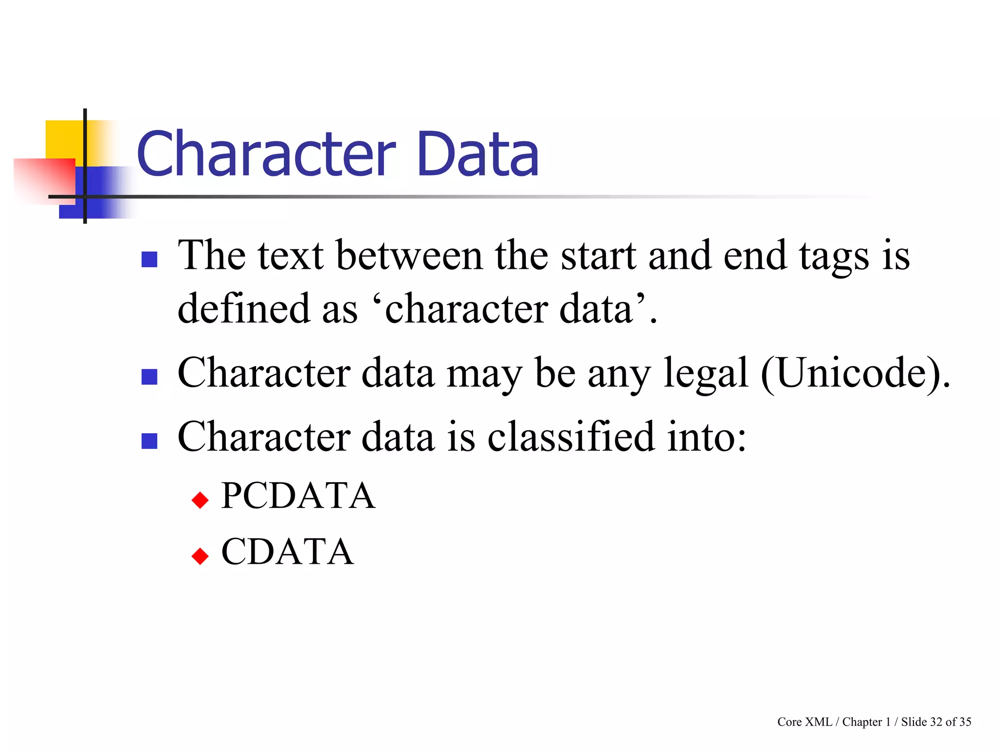 Character Data





The text between the start and end tags is
defined as „character data‟.
Character data may be any legal (Unicode).
Character data is classified into:
PCDATA
 CDATA


Core XML / Chapter 1 / Slide 32 of 35

 