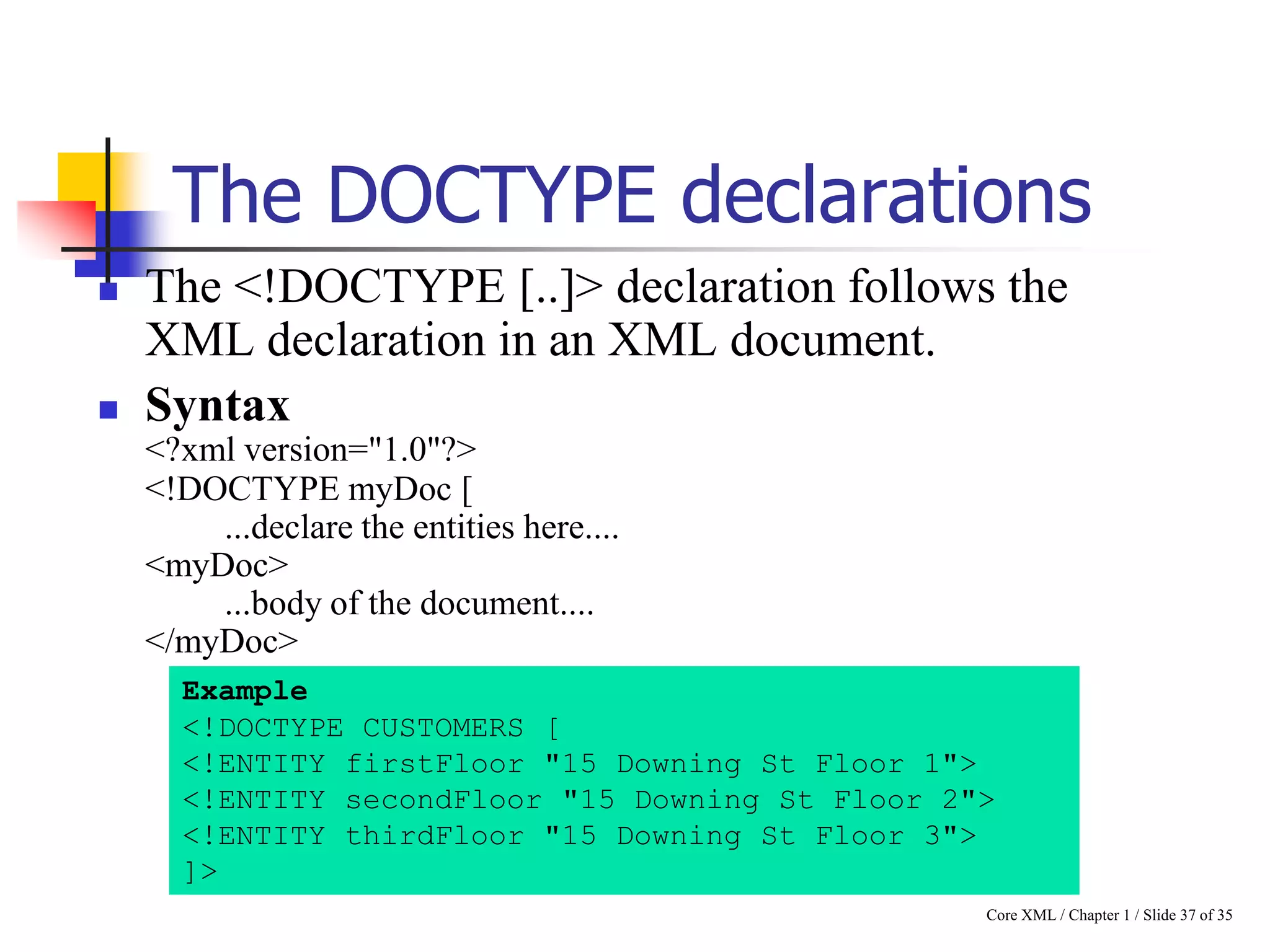 The DOCTYPE declarations




The <!DOCTYPE [..]> declaration follows the
XML declaration in an XML document.
Syntax
<?xml version="1.0"?>
<!DOCTYPE myDoc [
...declare the entities here....
<myDoc>
...body of the document....
</myDoc>
Example
<!DOCTYPE CUSTOMERS [
<!ENTITY firstFloor "15 Downing St Floor 1">
<!ENTITY secondFloor "15 Downing St Floor 2">
<!ENTITY thirdFloor "15 Downing St Floor 3">
]>
Core XML / Chapter 1 / Slide 37 of 35

 