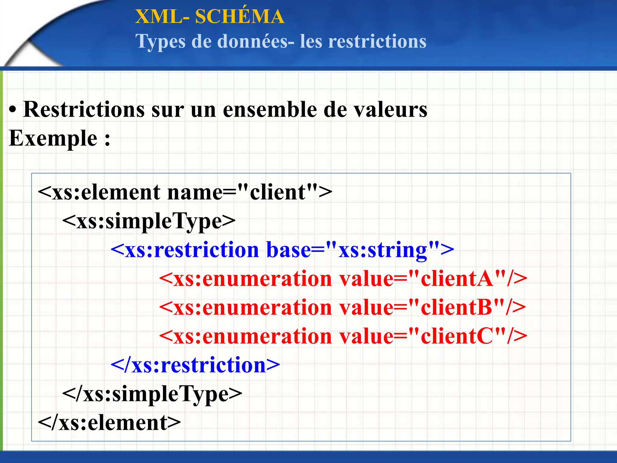 • Restrictions sur un ensemble de valeurs
Exemple :
<xs:element name="client">
<xs:simpleType>
<xs:restriction base="xs:string">
<xs:enumeration value="clientA"/>
<xs:enumeration value="clientB"/>
<xs:enumeration value="clientC"/>
</xs:restriction>
</xs:simpleType>
</xs:element>
XML- SCHÉMA
Types de données- les restrictions
 