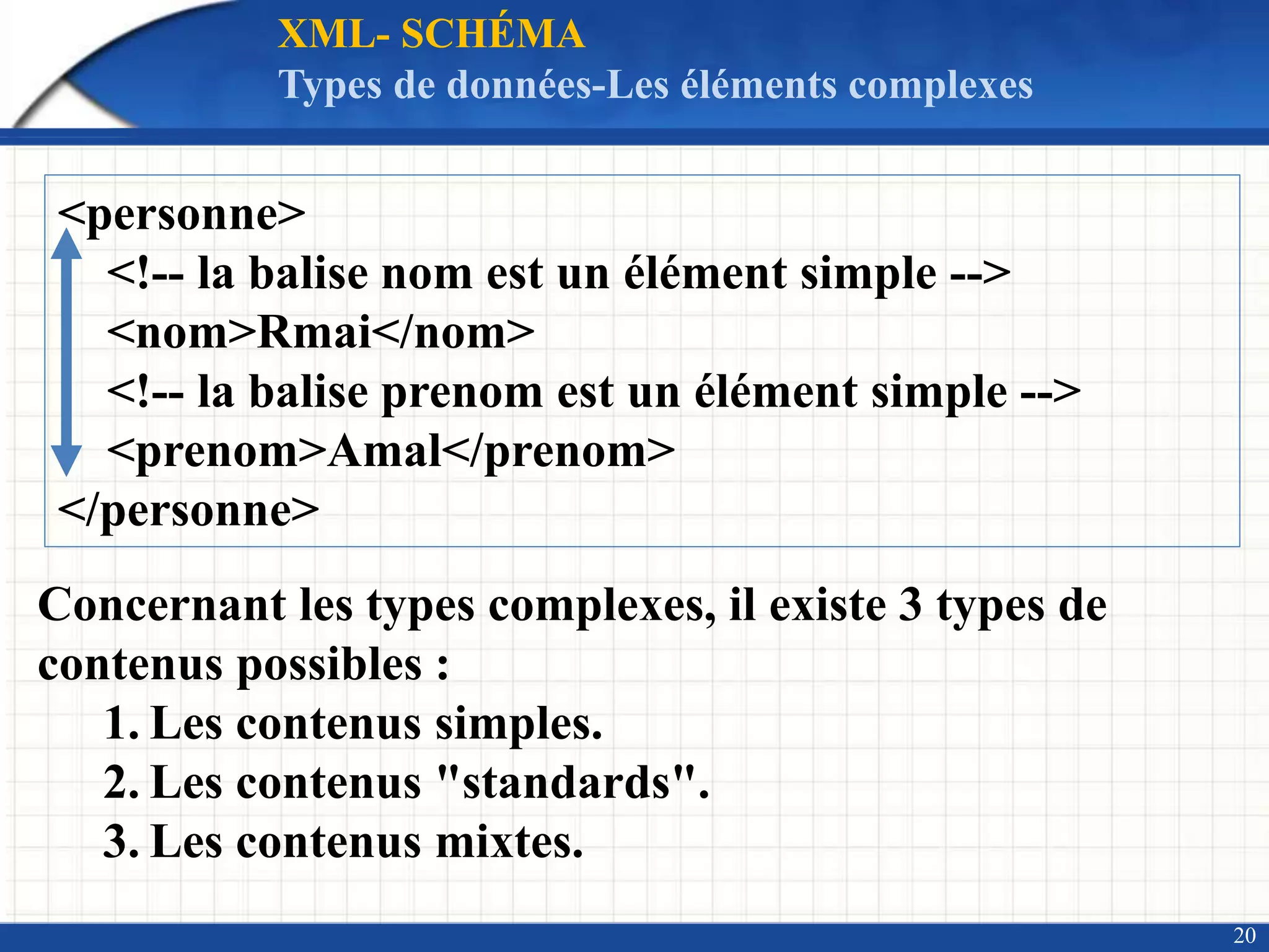 20
Concernant les types complexes, il existe 3 types de
contenus possibles :
1. Les contenus simples.
2. Les contenus "standards".
3. Les contenus mixtes.
XML- SCHÉMA
Types de données-Les éléments complexes
<personne>
<!-- la balise nom est un élément simple -->
<nom>Rmai</nom>
<!-- la balise prenom est un élément simple -->
<prenom>Amal</prenom>
</personne>
 