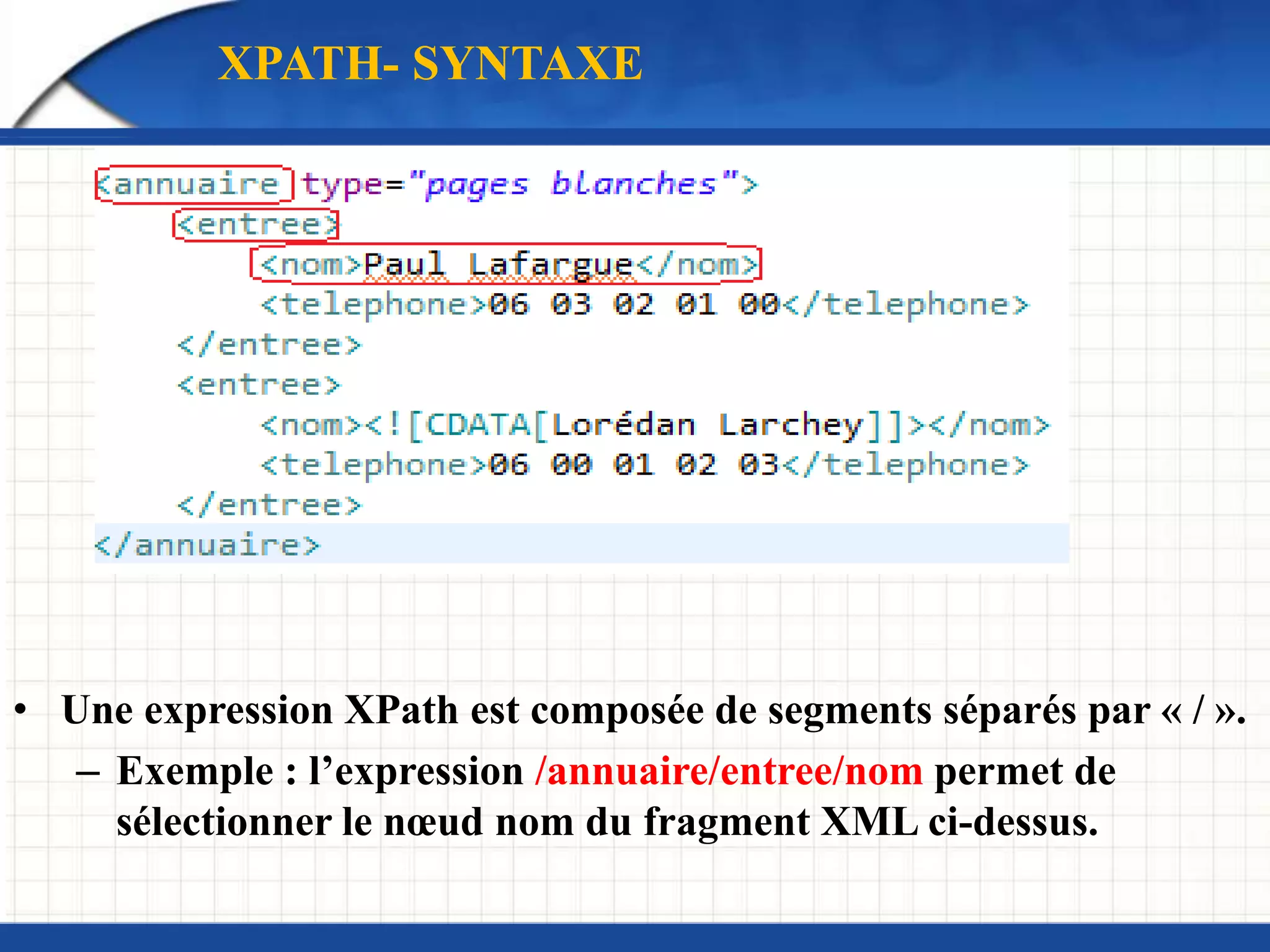 XPATH- SYNTAXE
• Une expression XPath est composée de segments séparés par « / ».
– Exemple : l’expression /annuaire/entree/nom permet de
sélectionner le nœud nom du fragment XML ci-dessus.
 