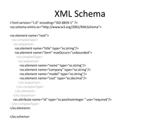 XML Schema
<?xml version="1.0" encoding="ISO-8859-1" ?>
<xs:schema xmlns:xs="http://www.w3.org/2001/XMLSchema">

<xs:element name=“root">
 <xs:complexType>
  <xs:sequence>
   <xs:element name=“title" type="xs:string"/>
   <xs:element name=“item“ maxOccurs="unbounded">
    <xs:complexType>
      <xs:sequence>
       <xs:element name=“name" type="xs:string"/>
       <xs:element name=“company" type="xs:string"/>
       <xs:element name="model" type="xs:string"/>
       <xs:element name="cost" type="xs:decimal"/>
      </xs:sequence>
    </xs:complexType>
   </xs:element>
  </xs:sequence>
  <xs:attribute name=“id" type="xs:positiveInteger " use="required"/>
 </xs:complexType>
</xs:element>

</xs:schema>
 