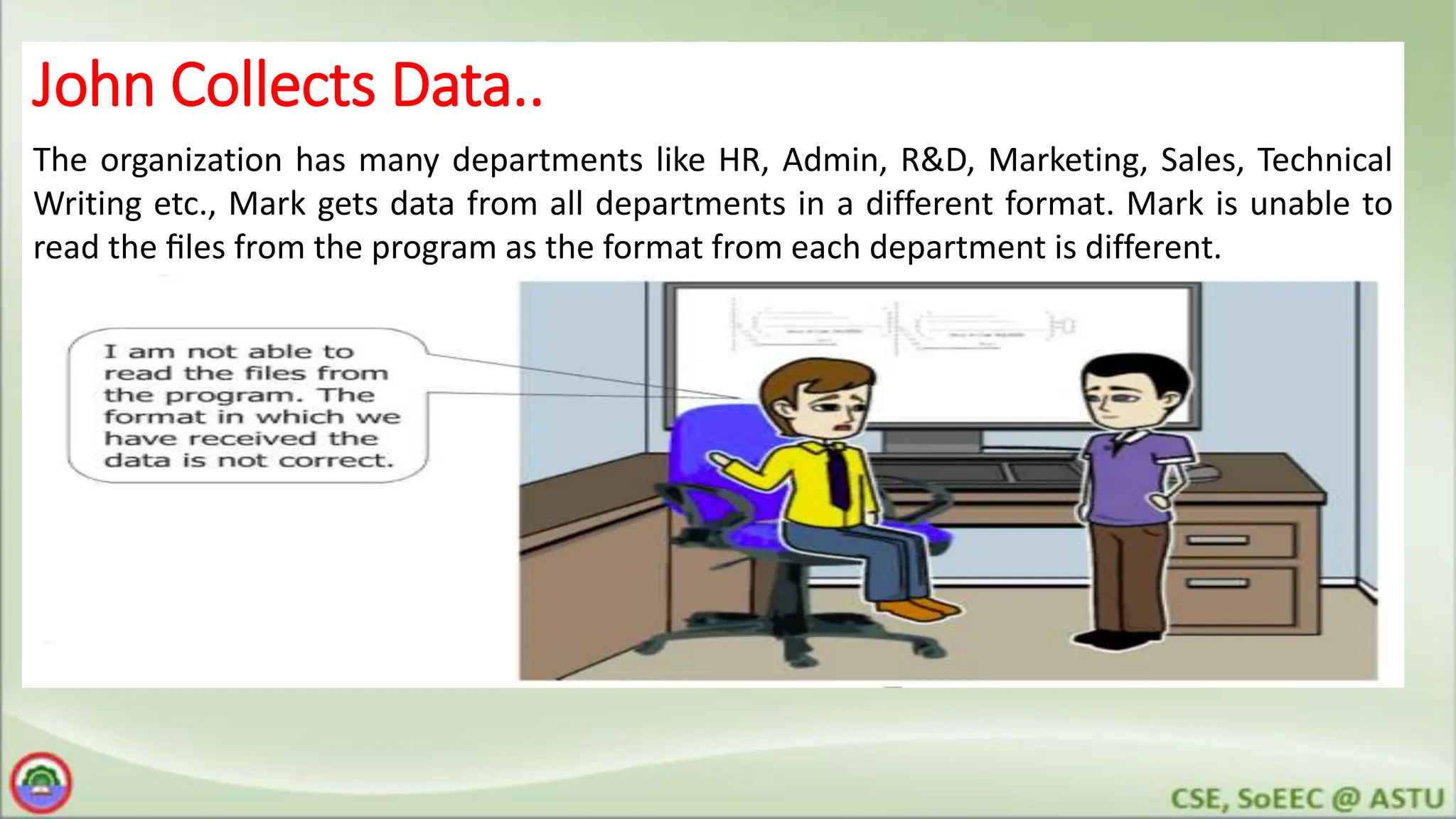 John Collects Data..
The organization has many departments like HR, Admin, R&D, Marketing, Sales, Technical
Writing etc., Mark gets data from all departments in a different format. Mark is unable to
read the ﬁles from the program as the format from each department is different.
 