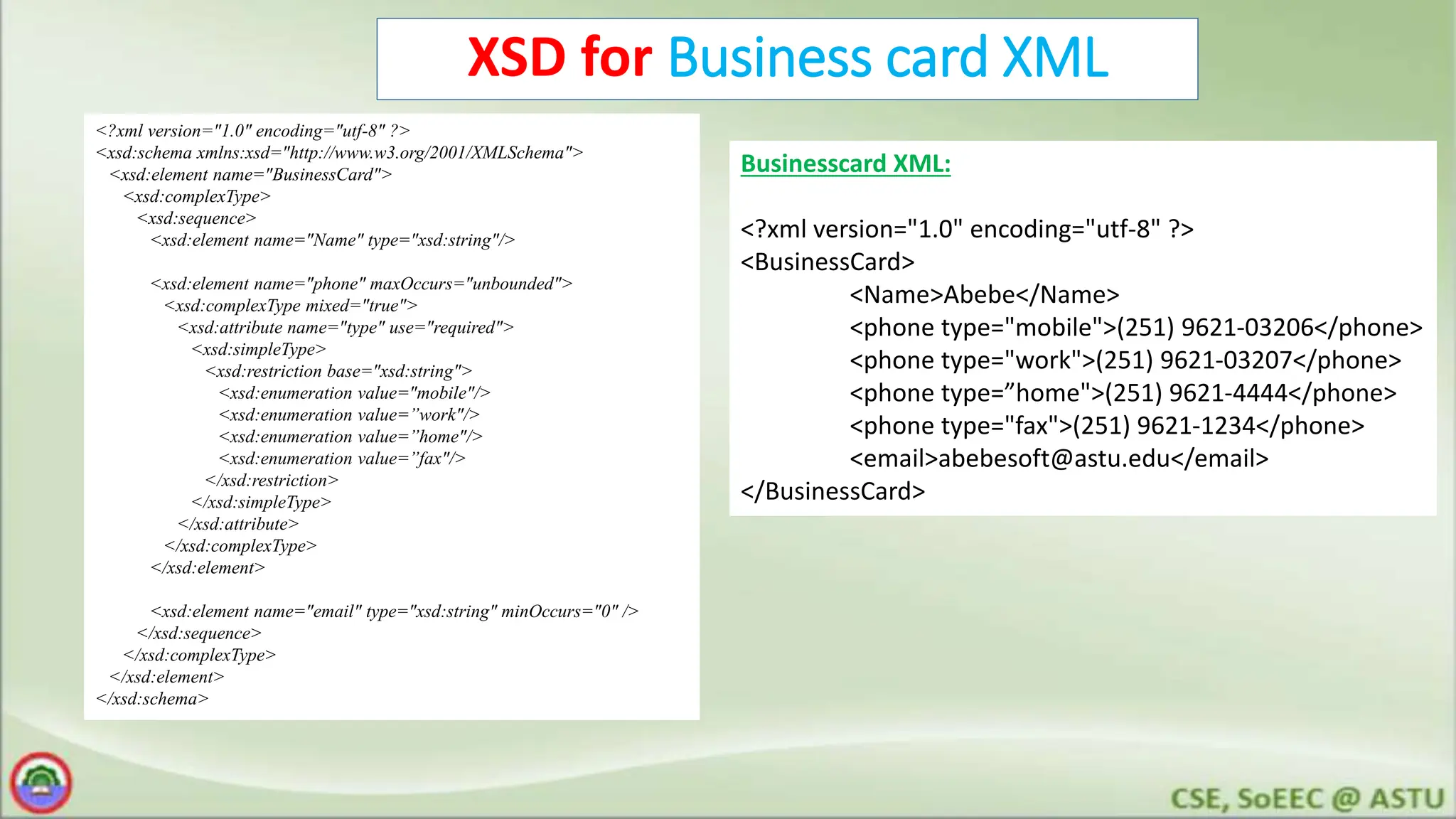 XSD for Business card XML
<?xml version="1.0" encoding="utf-8" ?>
<xsd:schema xmlns:xsd="http://www.w3.org/2001/XMLSchema">
<xsd:element name="BusinessCard">
<xsd:complexType>
<xsd:sequence>
<xsd:element name="Name" type="xsd:string"/>
<xsd:element name="phone" maxOccurs="unbounded">
<xsd:complexType mixed="true">
<xsd:attribute name="type" use="required">
<xsd:simpleType>
<xsd:restriction base="xsd:string">
<xsd:enumeration value="mobile"/>
<xsd:enumeration value=”work"/>
<xsd:enumeration value=”home"/>
<xsd:enumeration value=”fax"/>
</xsd:restriction>
</xsd:simpleType>
</xsd:attribute>
</xsd:complexType>
</xsd:element>
<xsd:element name="email" type="xsd:string" minOccurs="0" />
</xsd:sequence>
</xsd:complexType>
</xsd:element>
</xsd:schema>
Businesscard XML:
<?xml version="1.0" encoding="utf-8" ?>
<BusinessCard>
<Name>Abebe</Name>
<phone type="mobile">(251) 9621-03206</phone>
<phone type="work">(251) 9621-03207</phone>
<phone type=”home">(251) 9621-4444</phone>
<phone type="fax">(251) 9621-1234</phone>
<email>abebesoft@astu.edu</email>
</BusinessCard>
 