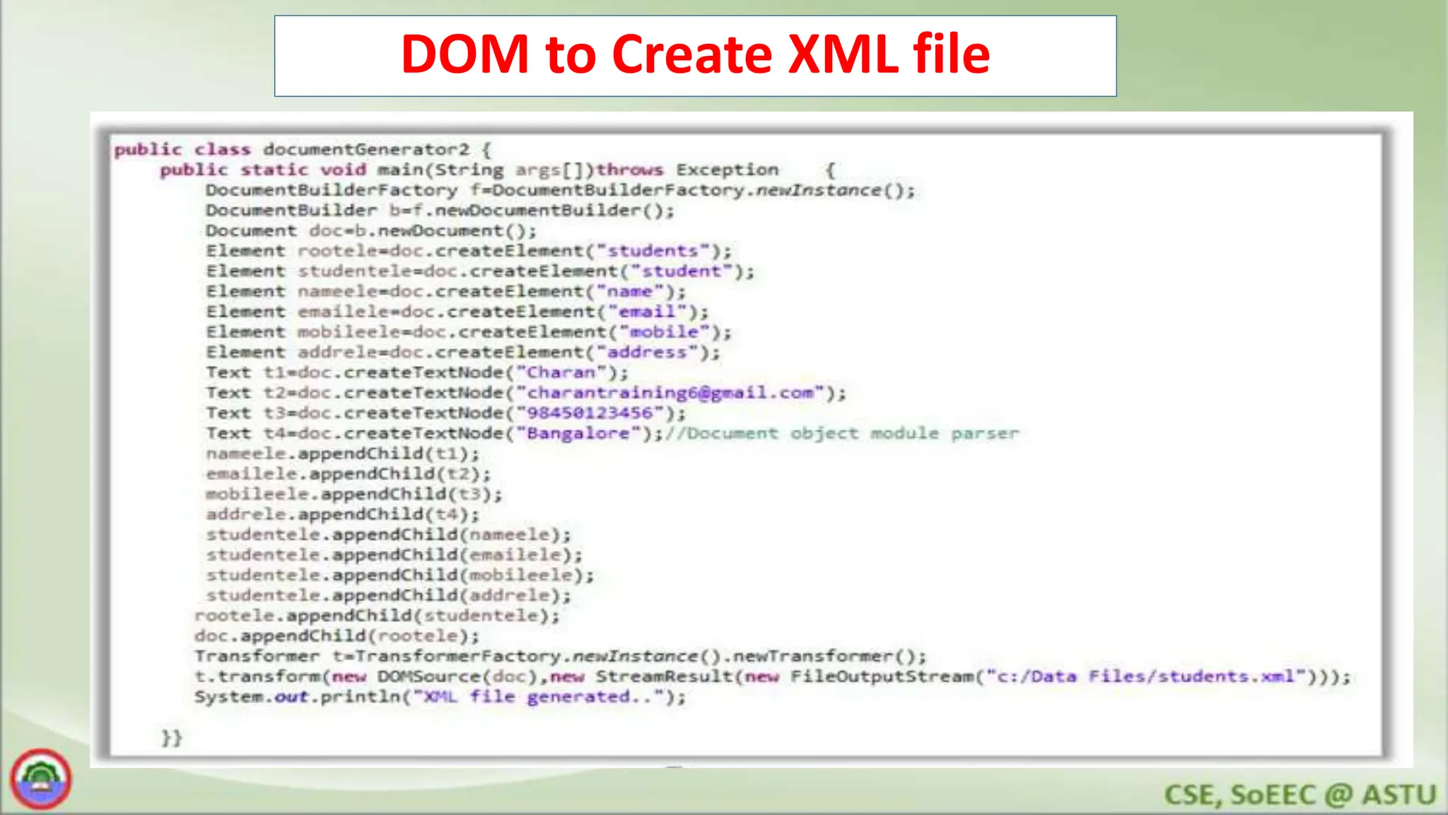 DOM to Create XML file
 