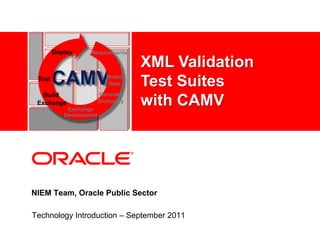 XML Validation  Test Suites with CAMV Exchange Development Deploy Requirements CAMV Model  Data Test NIEM Team, Oracle Public Sector Build  Exchange Generate Dictionary Technology Introduction – September 2011 