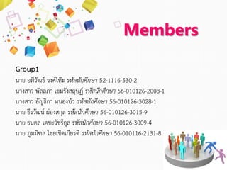 Members
Group1
นาย อภิวัฒธ์ วงศ์โท๊ะ รหัสนักศึกษา 52-1116-530-2
นางสาว พัลลภา เขมรังสฤษฏ์ รหัสนักศึกษา 56-010126-2008-1
นางสาว อัญธิกา หนองบัว รหัสนักศึกษา 56-010126-3028-1
นาย ธีรวัฒน์ ผ่องสกุล รหัสนักศึกษา 56-010126-3015-9
นาย ธนดล เตชะวัชรีกุล รหัสนักศึกษา 56-010126-3009-4
นาย ภูมมิฑล ไชยเชิดเกียรติ รหัสนักศึกษา 56-010116-2131-8
 
